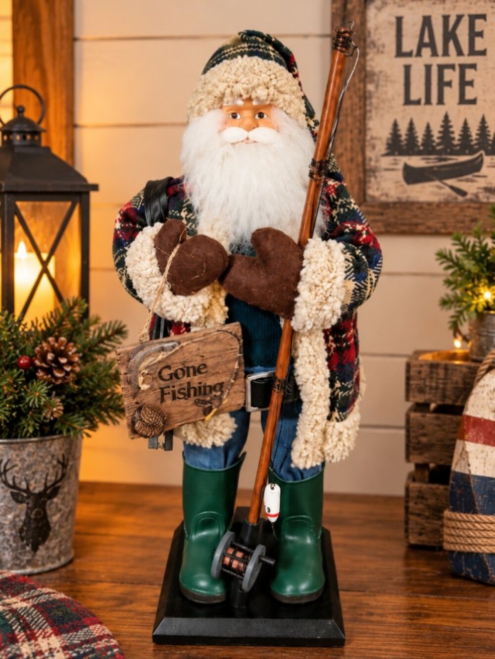 Christmas Santa Fisherman Decor with Fishing Rod & Sign 18 inch Tall